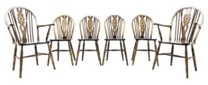 Set six (4+2) stained beech wheel and hoop back dining chairs