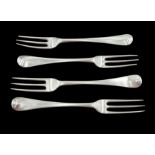 Set of three George II silver three prong table forks