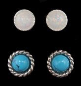 Pair of silver turquoise stud earrings and one other pair of silver opal stud earrings