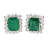 Pair of 18ct white gold emerald and round brilliant cut diamond cluster stud earrings