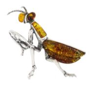 Silver amber grasshopper pendant