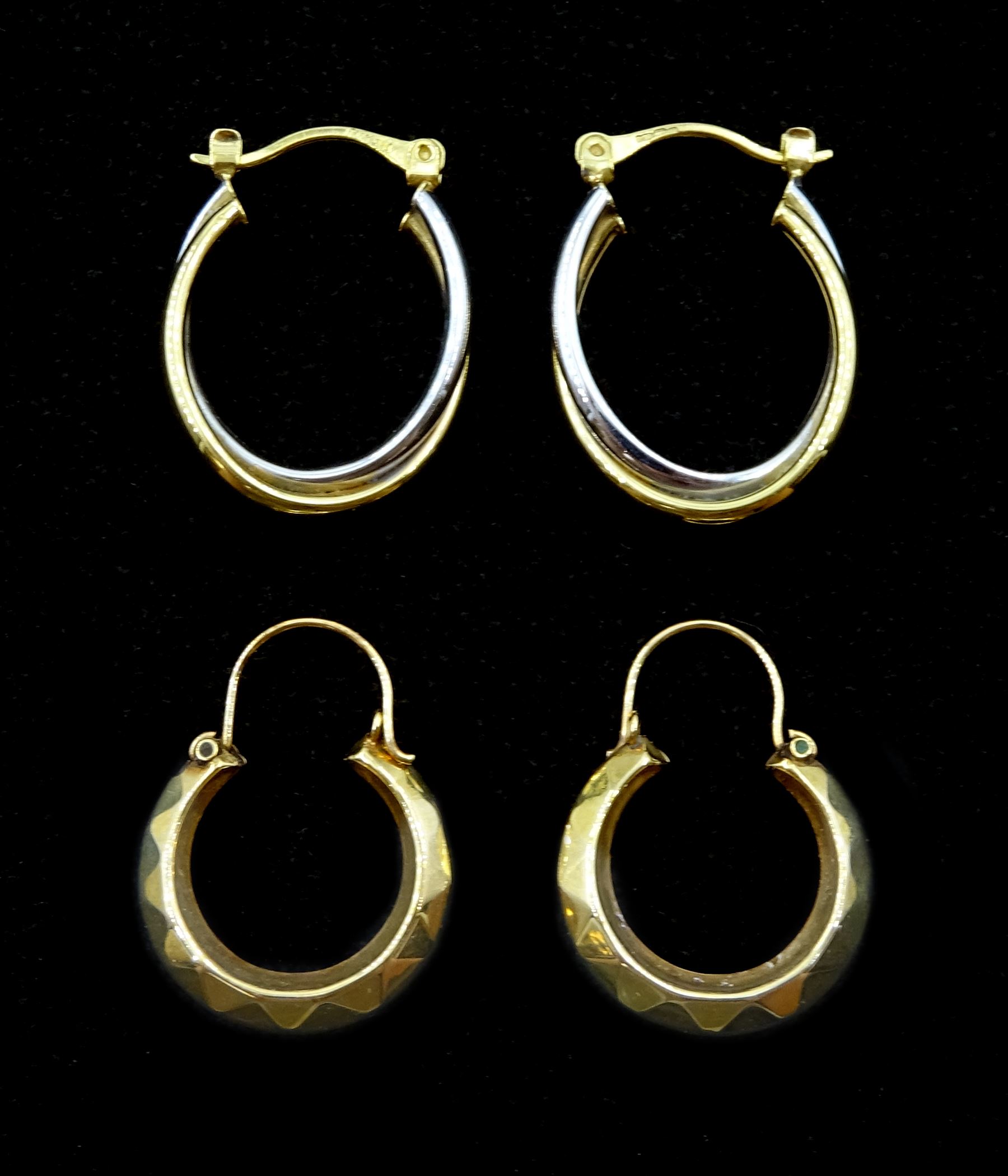 Pair of white and yellow gold hoop earrings and one other pair