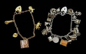 Gold link bracelet with five charms including money box