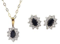 Pair of gold blue and white cubic zirconia cluster stud earrings and a matching gold necklace