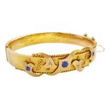 Edwardian 9ct gold blue stone and diamond chip hinged bangle