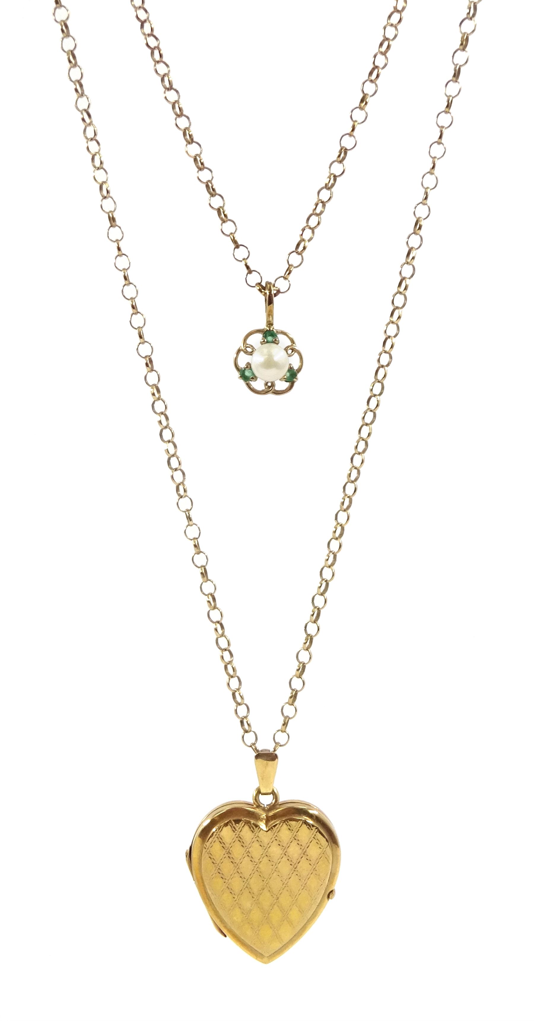 9ct gold pearl and emerald pendant necklace and a 9ct gold heart locket pendant necklace