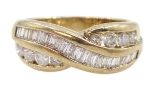9ct gold round brilliant cut and baguette cut diamond crossover ring