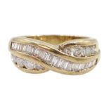 9ct gold round brilliant cut and baguette cut diamond crossover ring