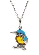 Silver turquoise and amber kingfisher pendant necklace
