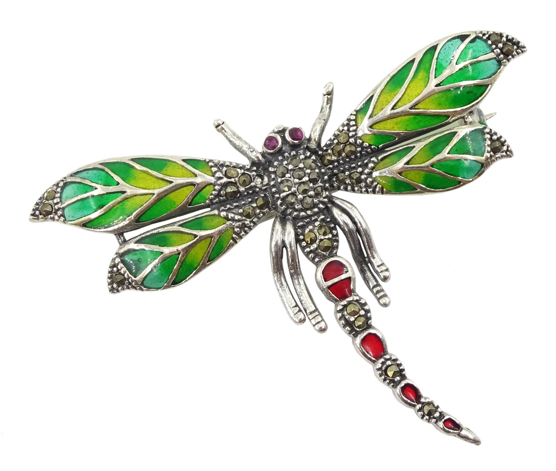 Silver plique-a-jour and marcasite bug pendant/brooch