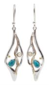Silver and 14ct gold wire turquoise and pearl pendant earrings