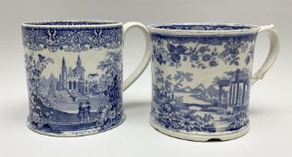Two large 19th century blue and white transfer printed mugs