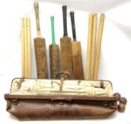 A Vintage leather cricket bag and equipment
