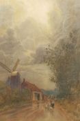 Patrick Lewis Forbes (British 1860-1939): Woman Leading Geese past a Windmill