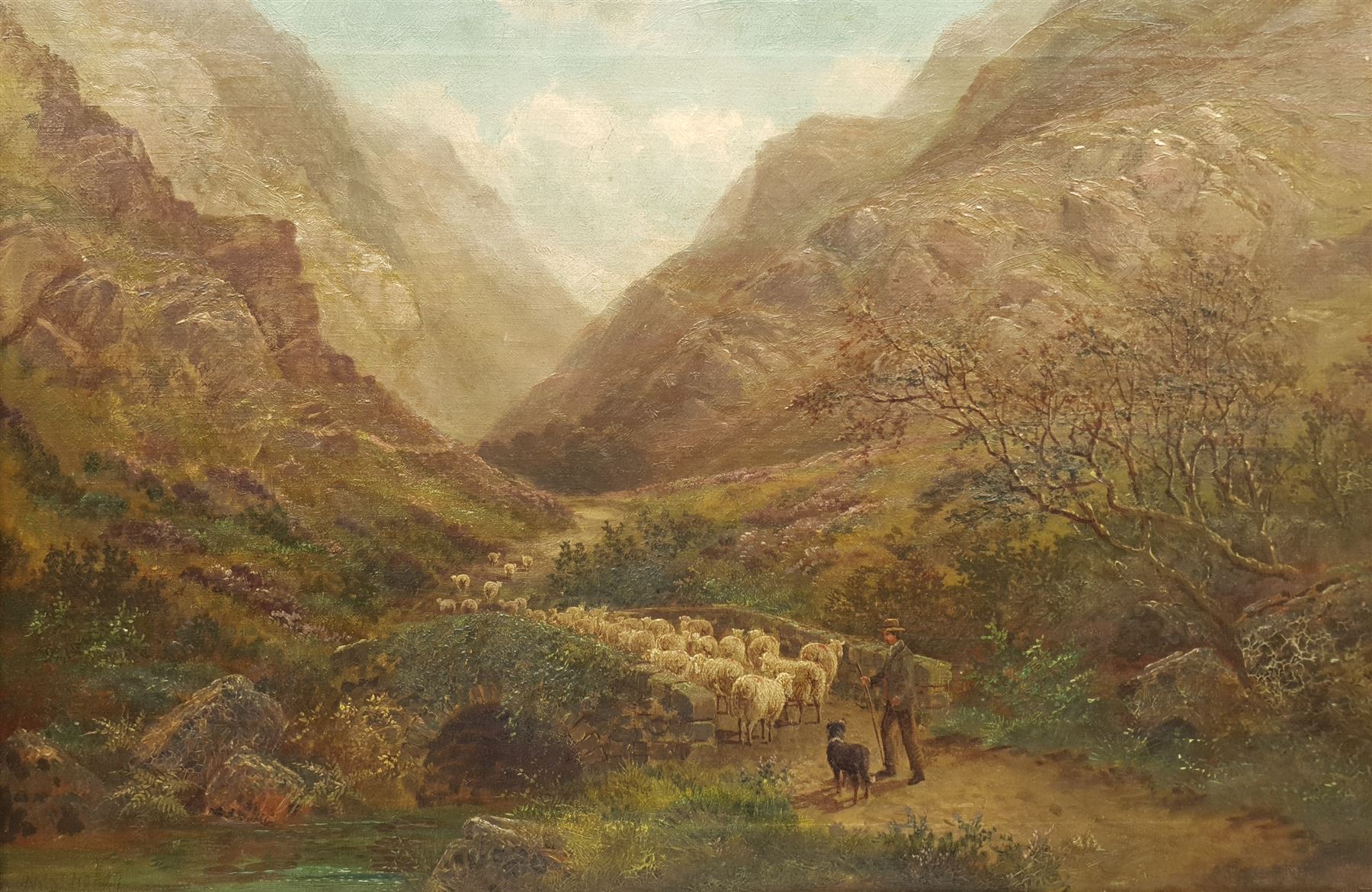 Albert Dunnington (British 1860-1928): Herding Sheep over a Stone Bridge in the Grampians