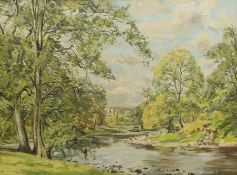 Thomas Leslie Kerkham (British 1918-1986): Bolton Abbey with Fly Fisherman on the Wharfe