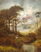 W Halley? (British late 19th century): Rugged Landscape with Sheep by a River