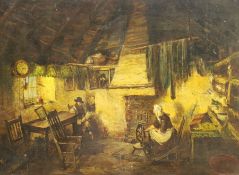 English School (19th century): Spinning Yarn in a Cottage Interior