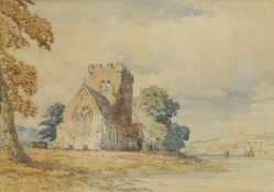 Attrib. John Callow (British 1822-1878): Church by the Waterside with a Distant Town