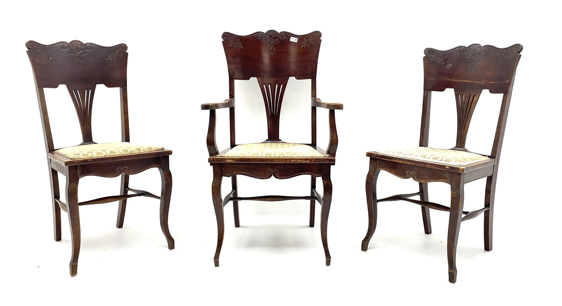 Early 20th century set three (2+1) stained beech beech chairs