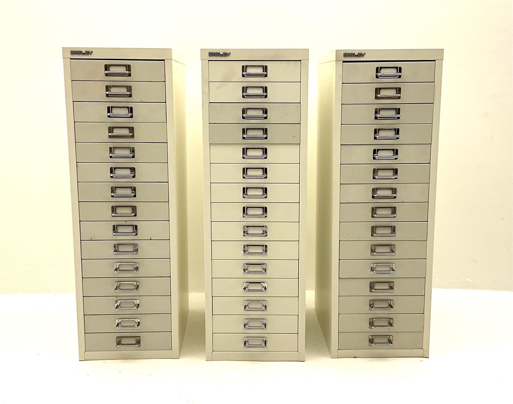 Three Bisley fifteen drawer Index cabinets