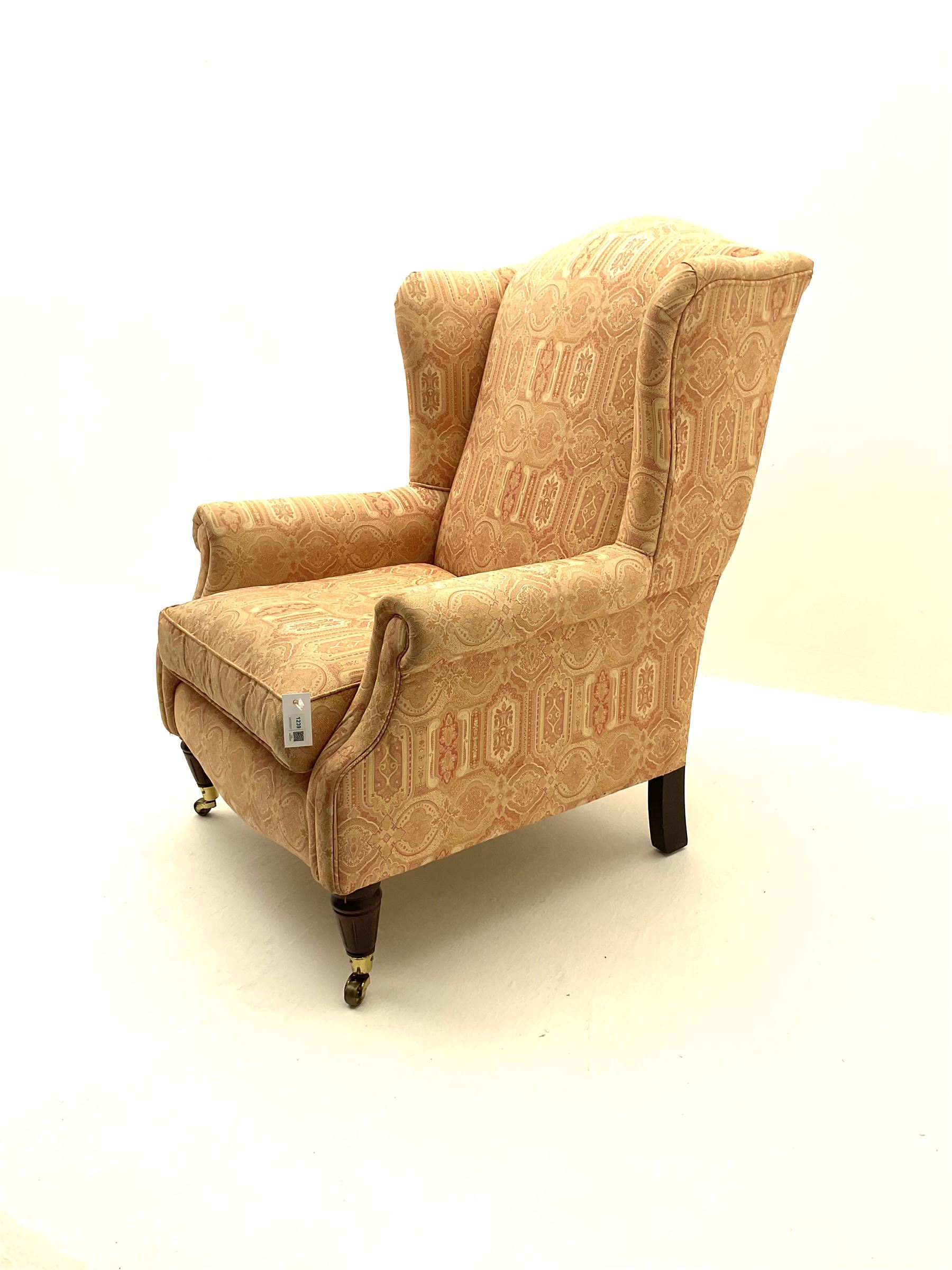 Late 20th century traditional shaped wingback armchair upholstered in pale pink patterned fabric - Image 2 of 2