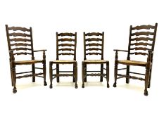 Set four (2+2) late 20th century stained ash farmhouse style dining chairs