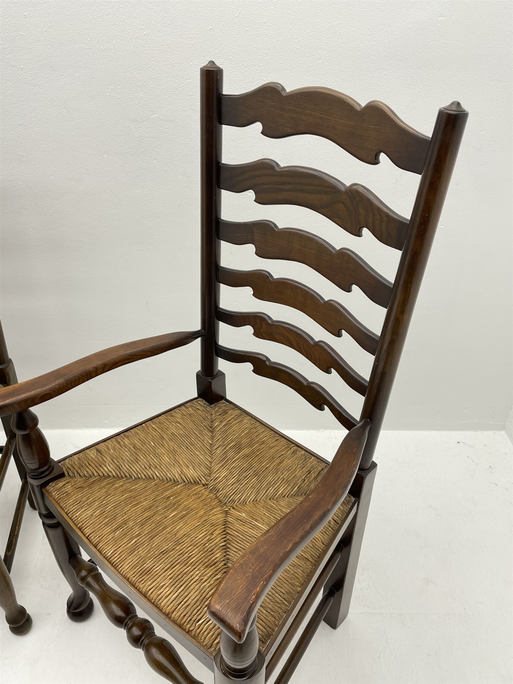 Set four (2+2) late 20th century stained ash farmhouse style dining chairs - Image 2 of 3