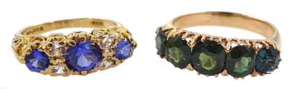 Rose gold graduating five green/blue stone set ring and a 9ct gold synthetic sapphire and cubic zirc