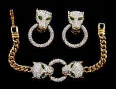 Butler & Wilson gilt crystal panther bracelet and pair of matching clip on earrings