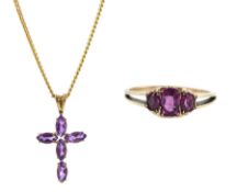 Gold amethyst cross pendant necklace and a gold amethyst ring