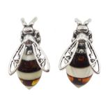 Pair of silver amber bee stud earrings