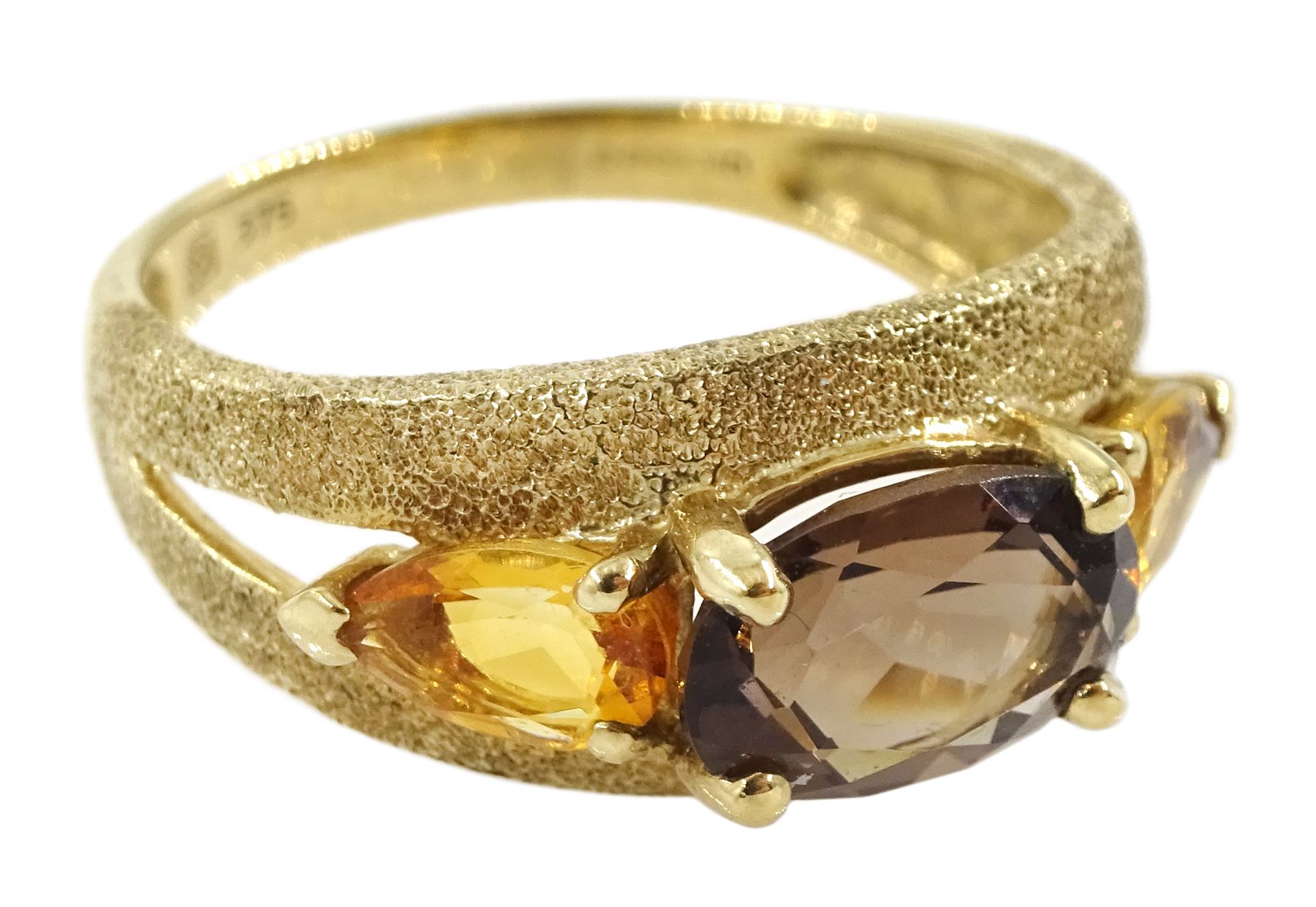 9ct gold three stone oval smoky quartz and pear shaped citrine ring - Image 3 of 4