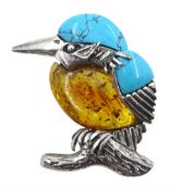 Silver turquoise and amber kingfisher brooch