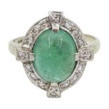 White gold Art Deco style cabochon emerald and diamond ring