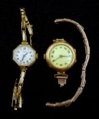 Visible 9ct gold ladies manual wind and a rose gold manual wind wristwatch with a silver-gilt expand