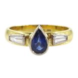 18ct gold pear shape sapphire and tapered baguette diamond ring