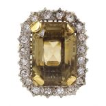 Gold emerald cut citrine/smoky quartz and diamond ring