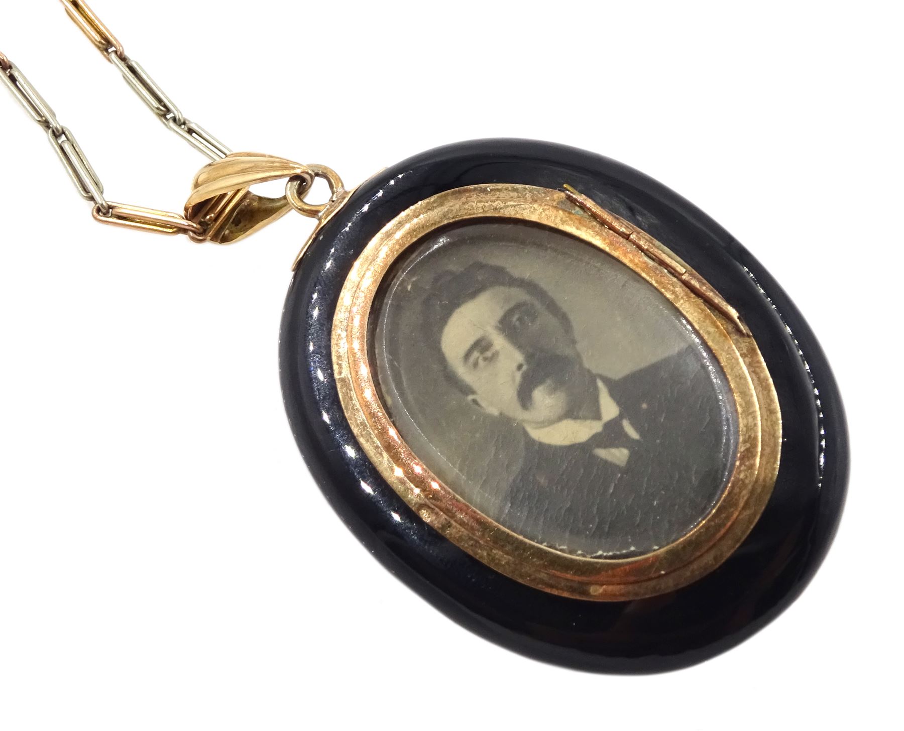 Victorian gold mounted black enamel mourning picture back pendant - Image 3 of 5