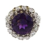 18ct white gold round amethyst and diamond cluster ring