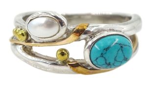 Silver and 14ct gold wire turquoise and pearl ring