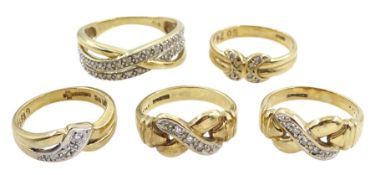 Five 9ct gold diamond chip rings