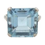 White gold and platinum square cut aquamarine ring