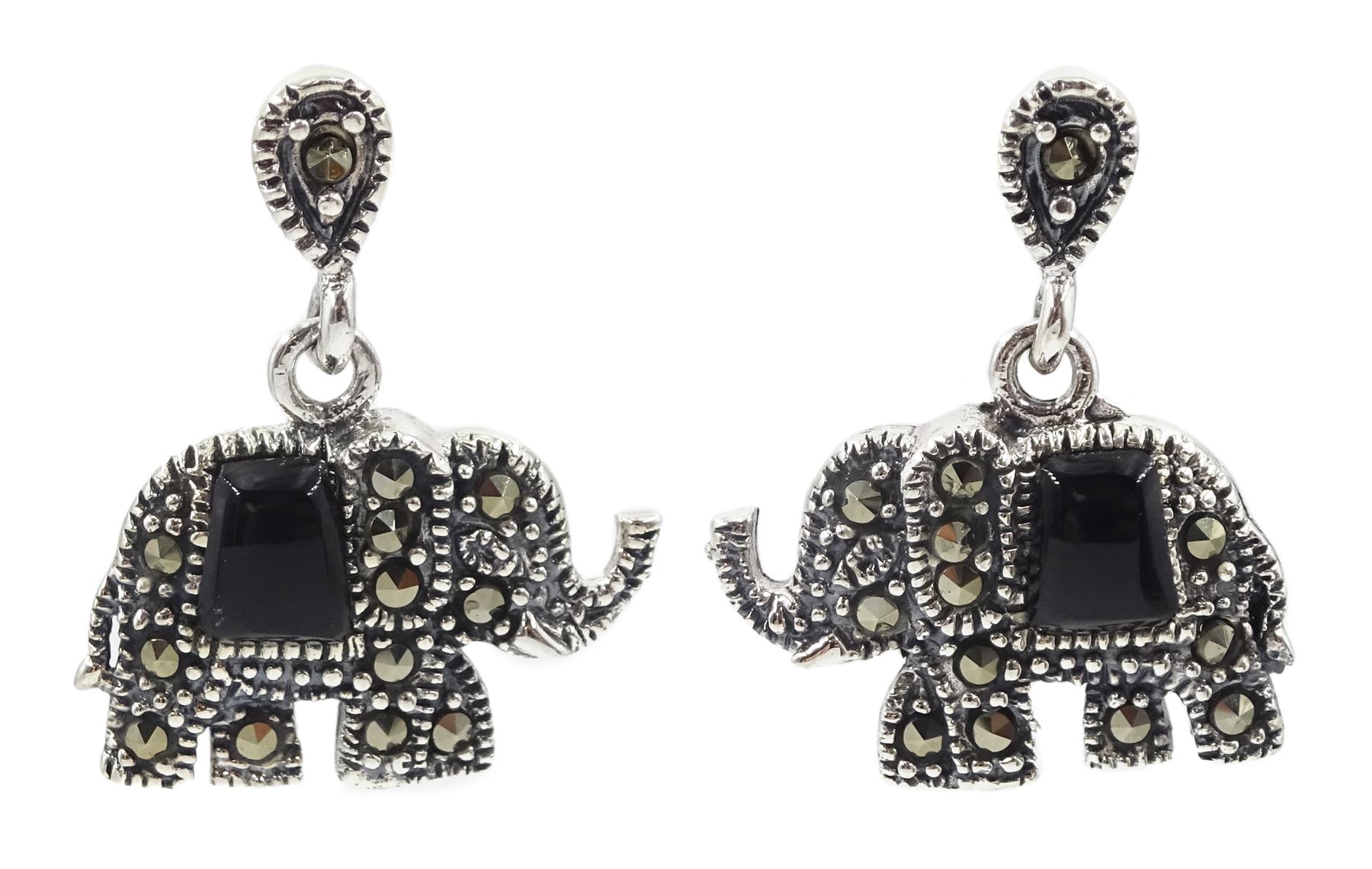 Silver black onyx and marcasite elephant stud earrings