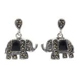 Silver black onyx and marcasite elephant stud earrings