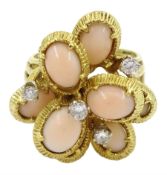 Gold pink coral and diamond cluster ring