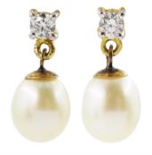 Pair of 18ct gold pearl and round brilliant cut diamond pendant stud earrings