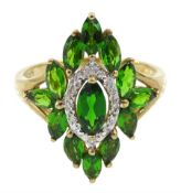 9ct gold green diopside garnet and diamond chip cluster ring