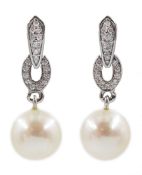 Pair of 9ct white gold pearl and diamond pendant earrings