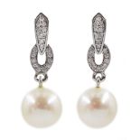 Pair of 9ct white gold pearl and diamond pendant earrings